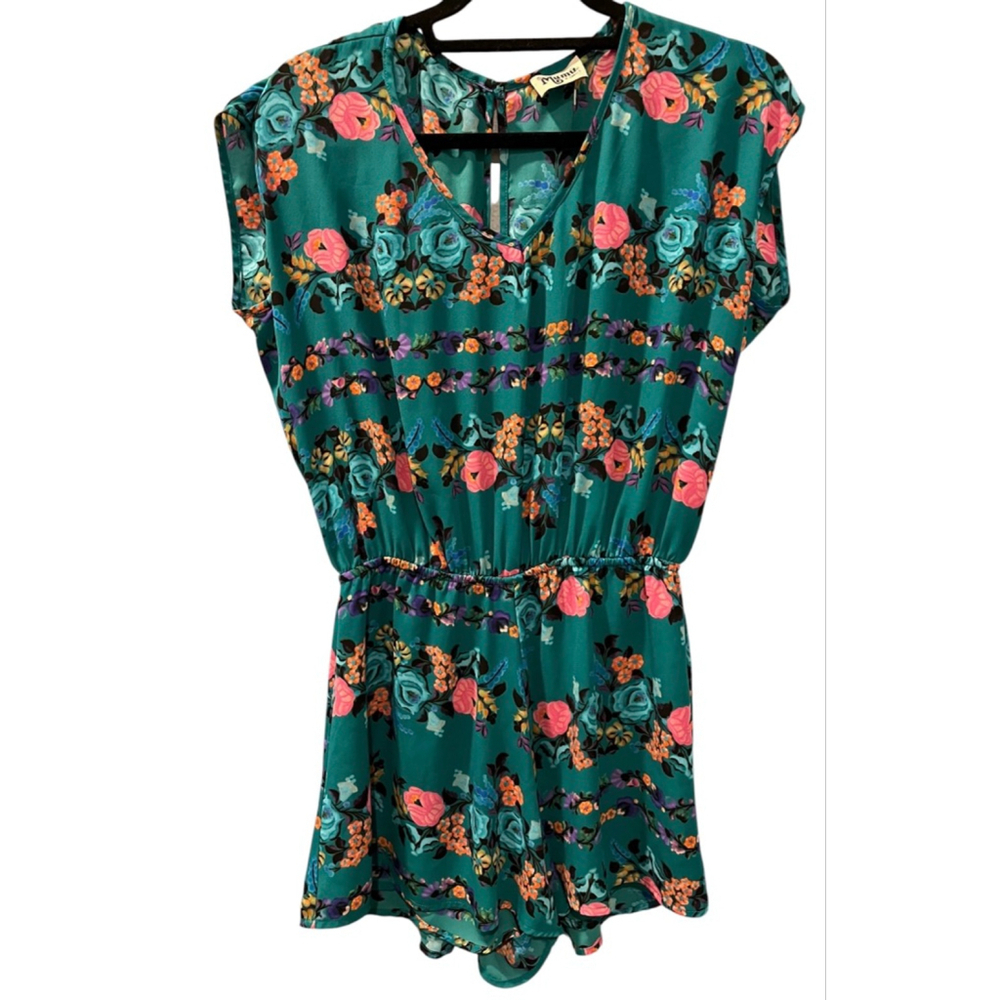 Show Me Your Mumu Rowdy Floral Short Sleeve Romper Size XS Teal Green V-Neck